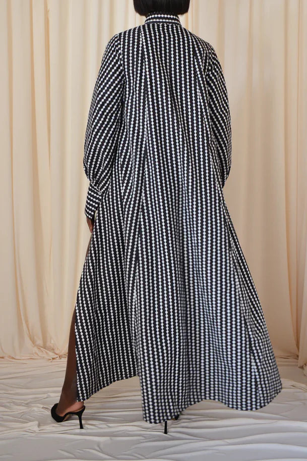 Maxi Flared Shirt Dress in Black & White Diamond Stripes