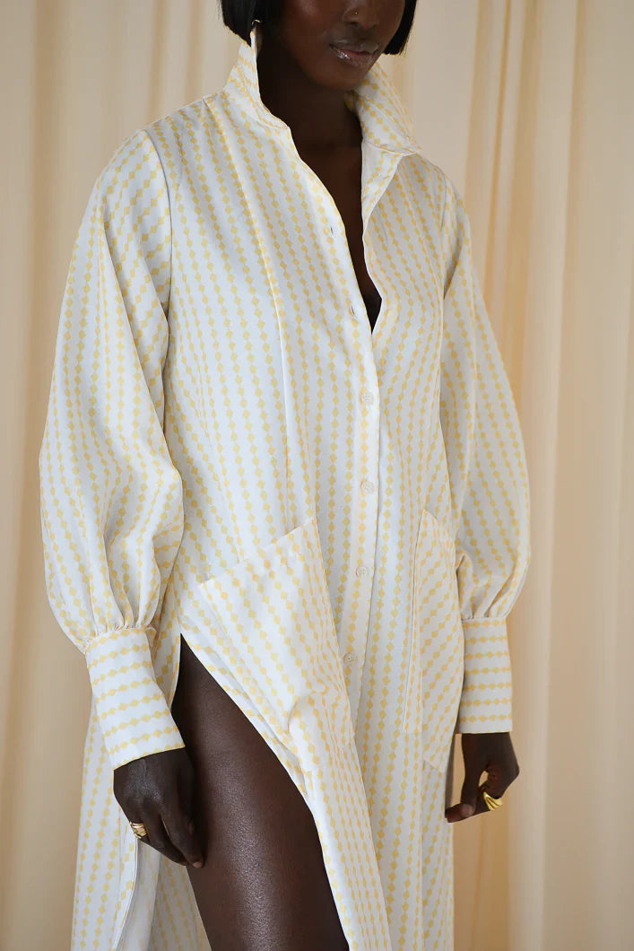 Maxi Flared Shirt Dress in Yellow & White Diamond Stripes