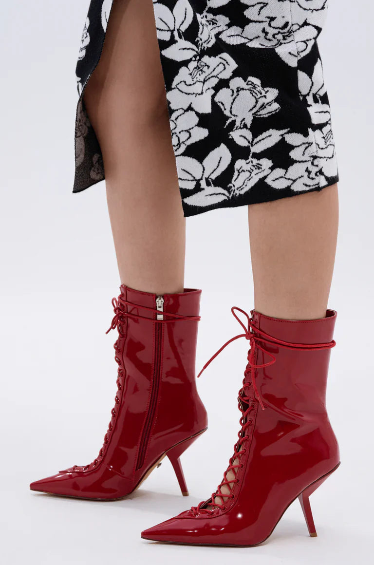 Red Lace Up Stiletto Bootie