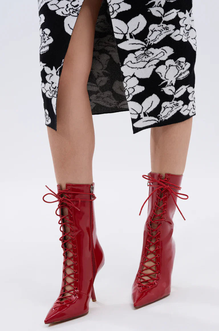 Red Lace Up Stiletto Bootie
