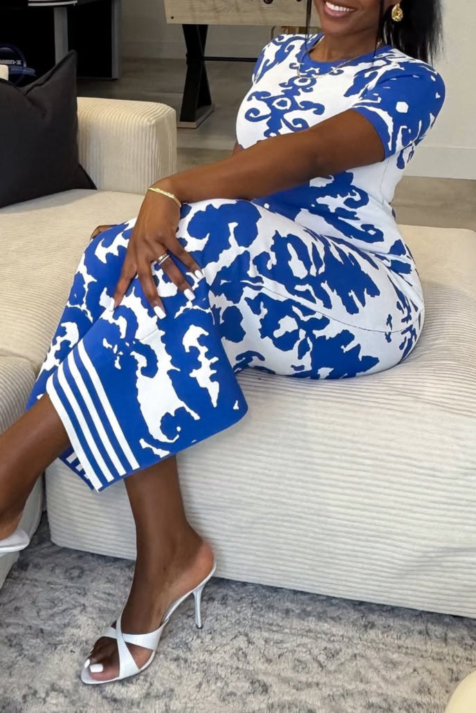 Round Neck Short Sleeve Jacquard Bandage Maxi Dress