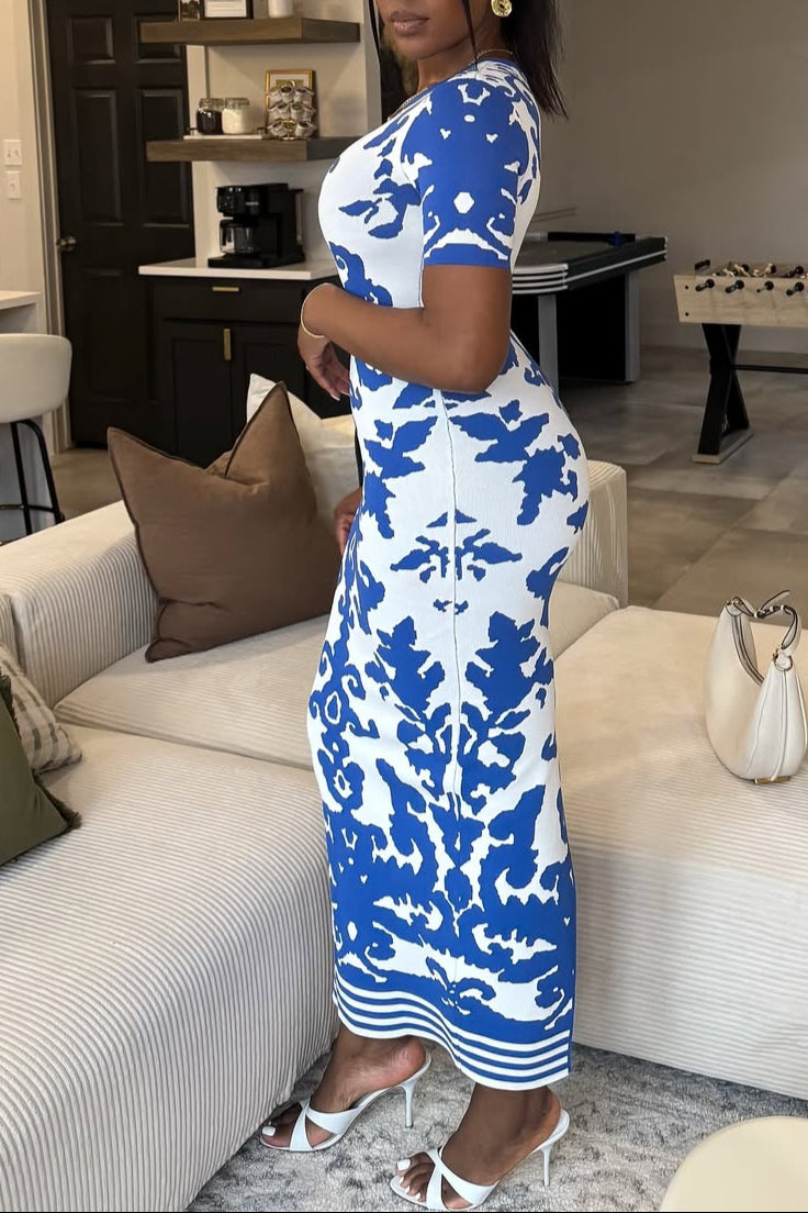 Round Neck Short Sleeve Jacquard Bandage Maxi Dress