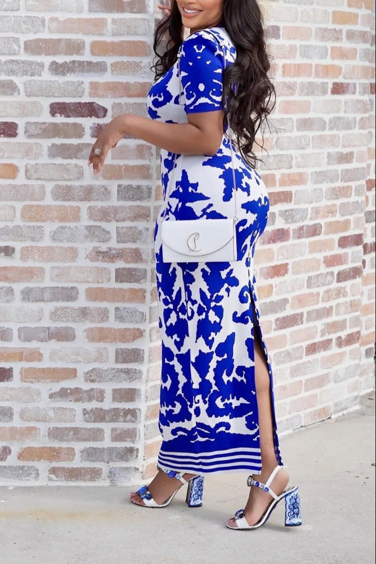 Round Neck Short Sleeve Jacquard Bandage Maxi Dress