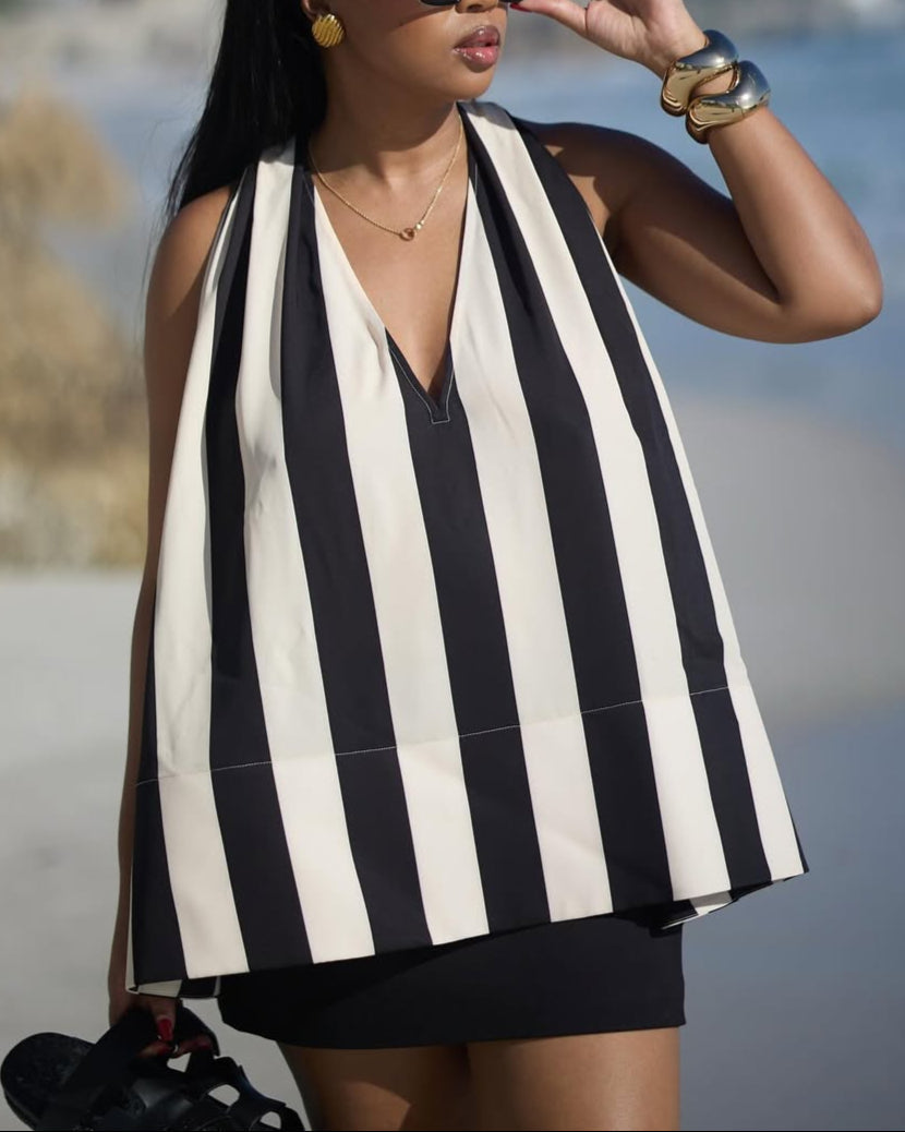 Halter Neck Black&white Vertical Striped Loose Vest