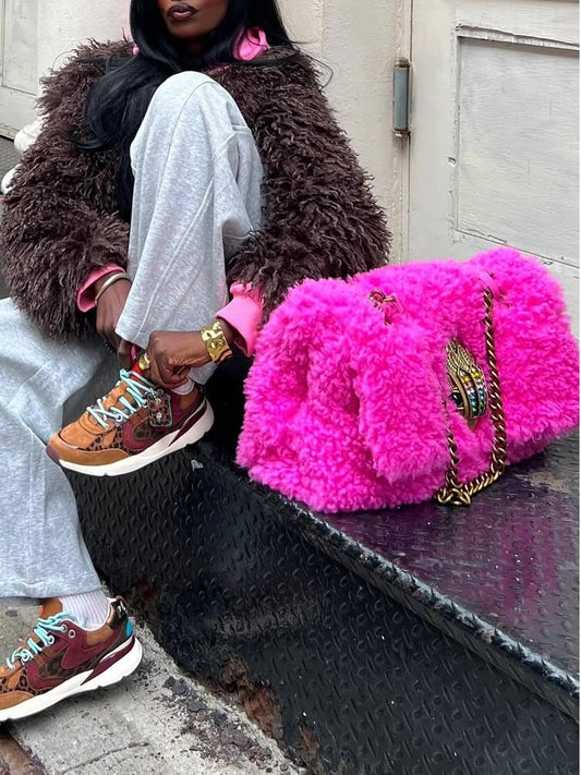 Oversized Plush Bag with Metal Ornament and Chain Strap