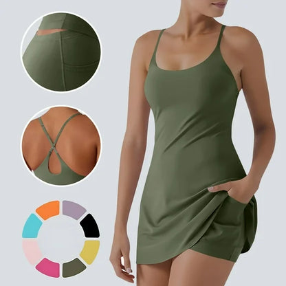 The Ultimate Tummy Control Active Dress, Backless Dress Built in Shorts