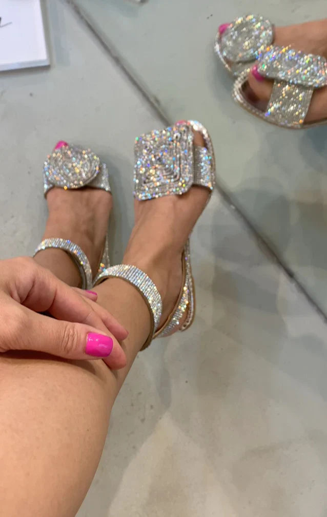 Flat Bottomed Rhinestone Woven Velcro Sandals