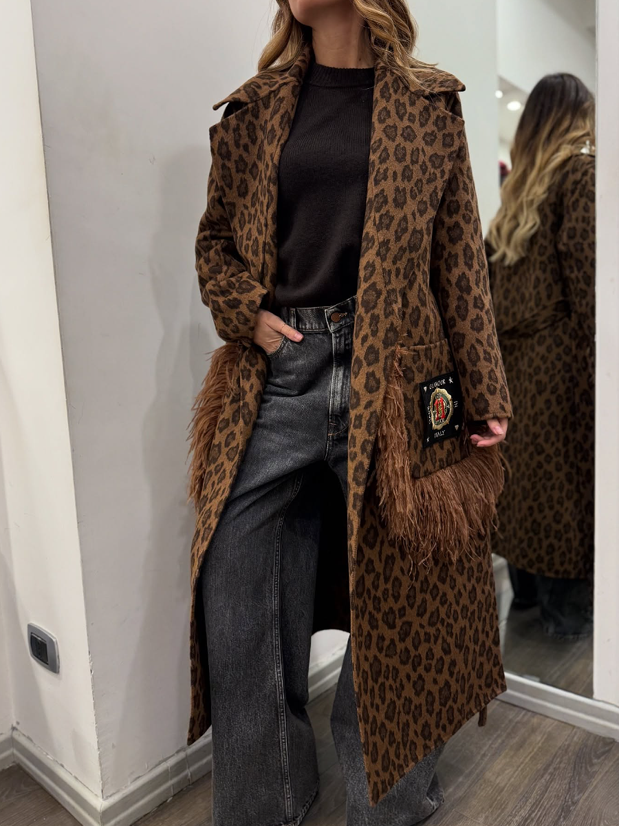 Leopard-Print Wool Fringed Coat
