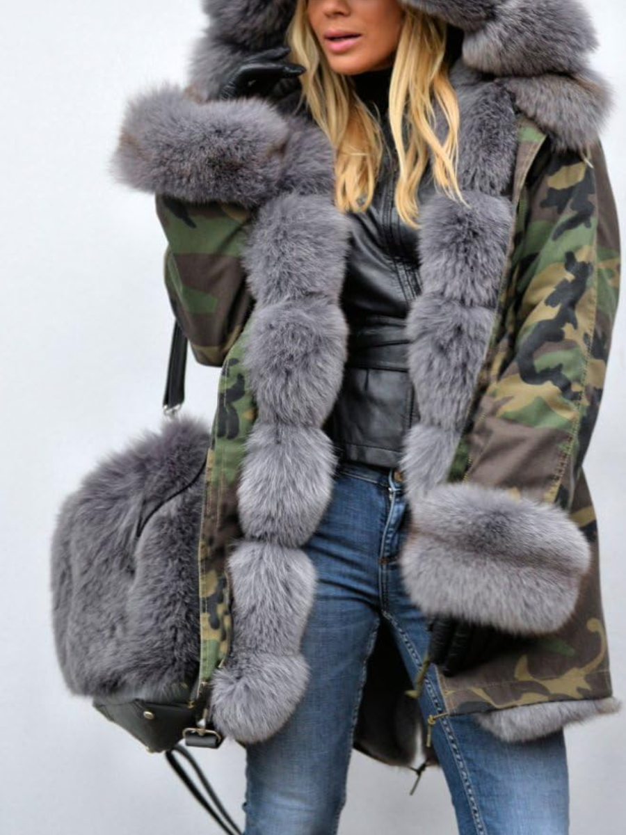 Camouflage Fur-Trim Coat