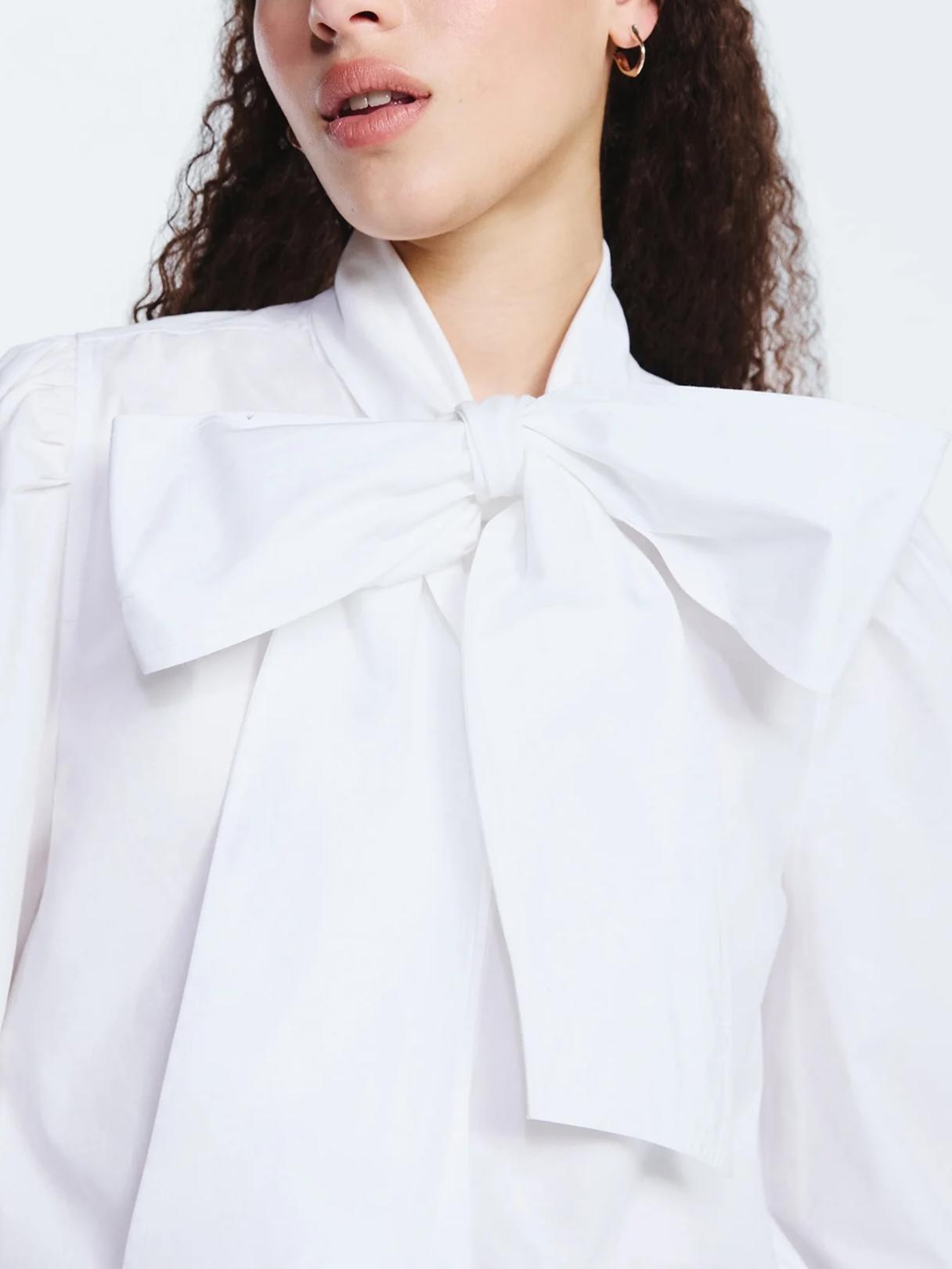 Cotton Tie Neck Blouse with Long Puff Sleeves