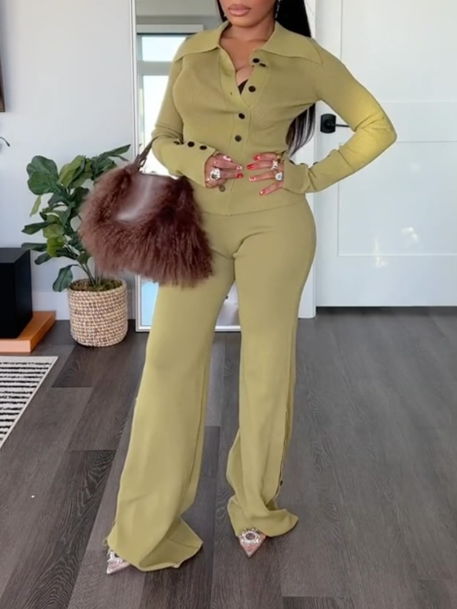 Elastic Knitted Suit With Slant Button