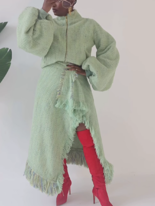 Tweed Fringed Wrap Dress Set