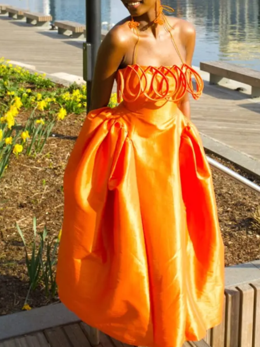 Fashion Hanging Neck Sling Pleated Solid Color Slim Large Dress