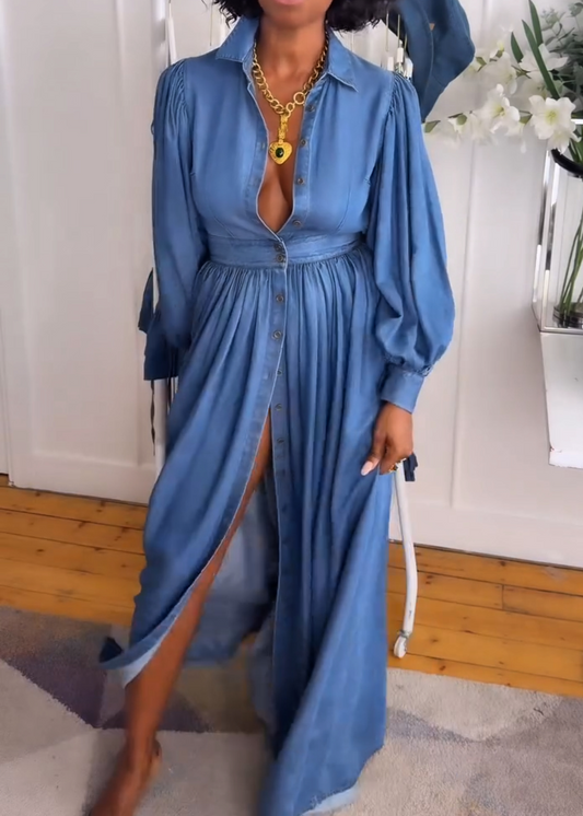 Backless Denim Shirt Maxi Dress