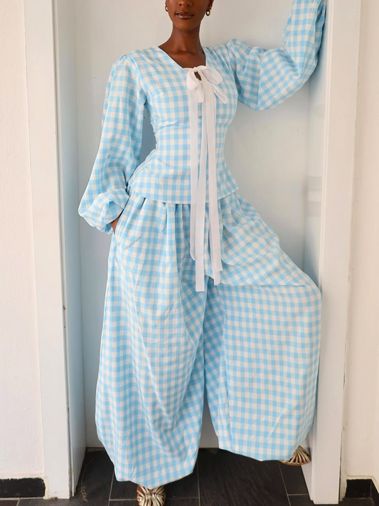 Plaid V-Neck Detail Set