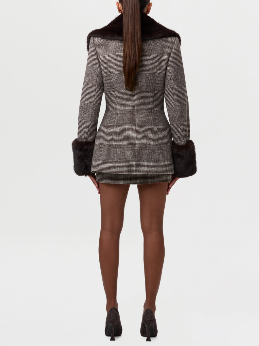 Houndstooth Detachable Faux Fur Jacket