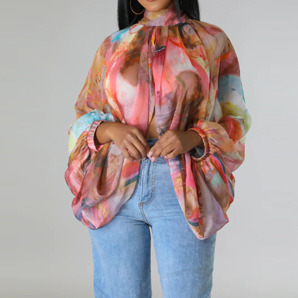 Printed Lace-Up Chiffon Top