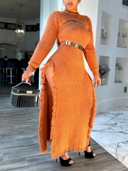 Stretch Knit Side High Split Skirt Set