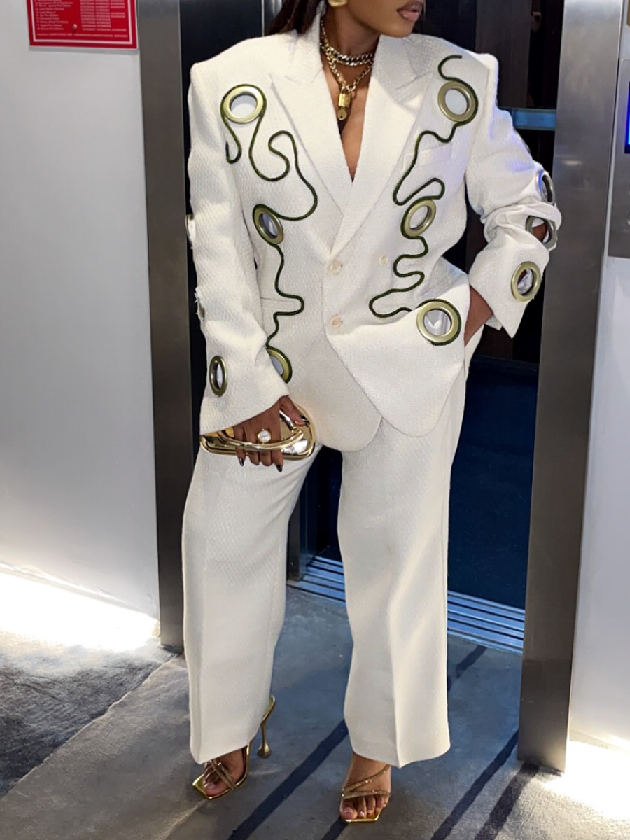 Metal Ring Decorated With Black Lines And White Suit Jacket