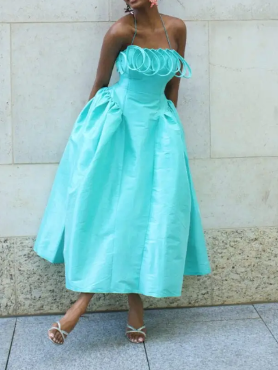 Fashion Hanging Neck Sling Pleated Solid Color Slim Large Dress