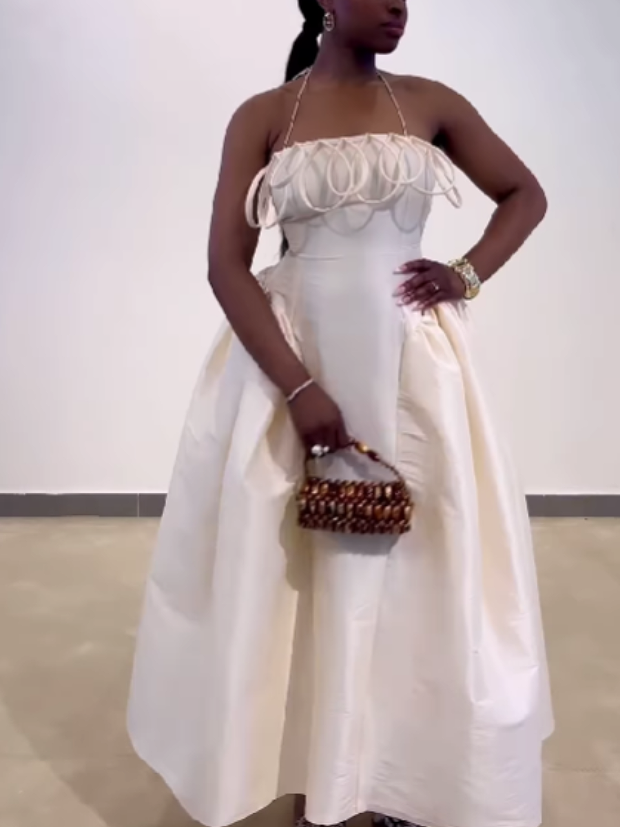 Fashion Hanging Neck Sling Pleated Solid Color Slim Large Dress