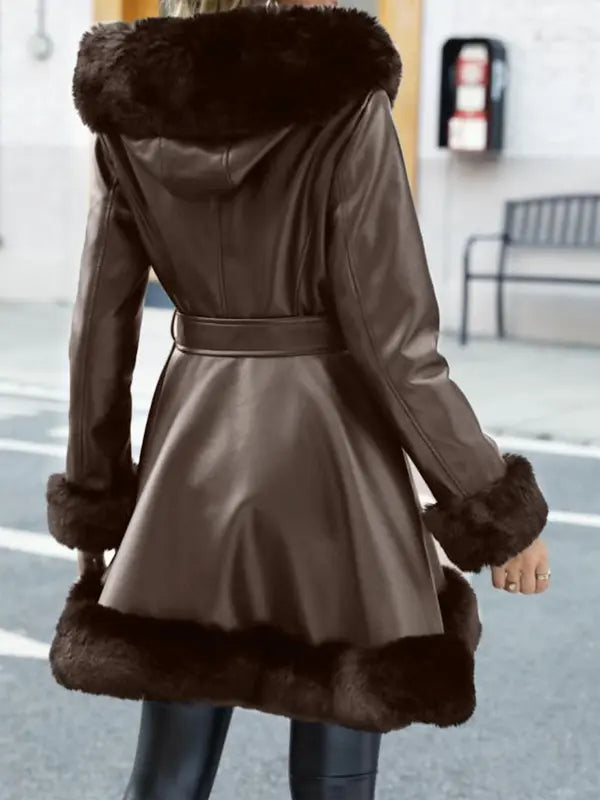 Women's Fall Winter Faux Leather Jacket with Detachable Belt