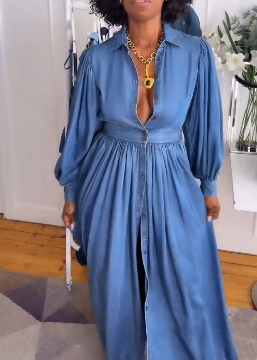 Backless Denim Shirt Maxi Dress
