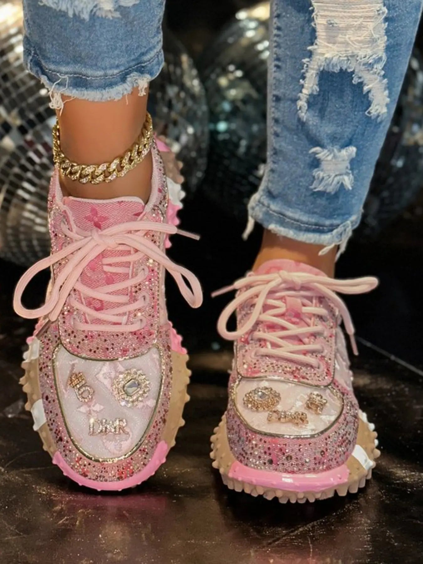 New Rhinestone Mesh Durian Sole Casual Trainer Shoes