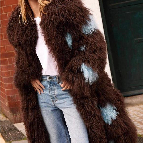 Brown and Blue Women's Fur Coat