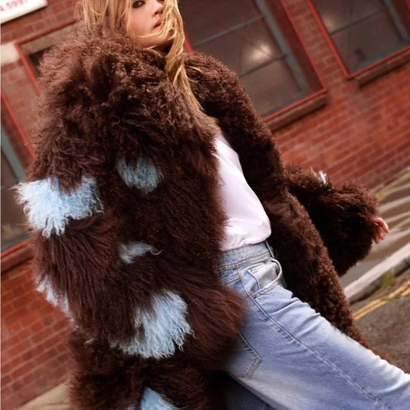 Brown and Blue Women's Fur Coat
