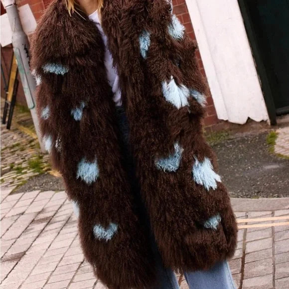 Brown and Blue Women's Fur Coat