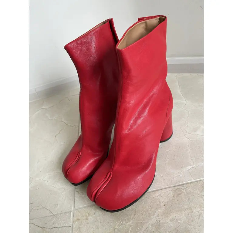 Red Leather Block Heel Tabi Boots