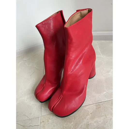 Red Leather Block Heel Tabi Boots
