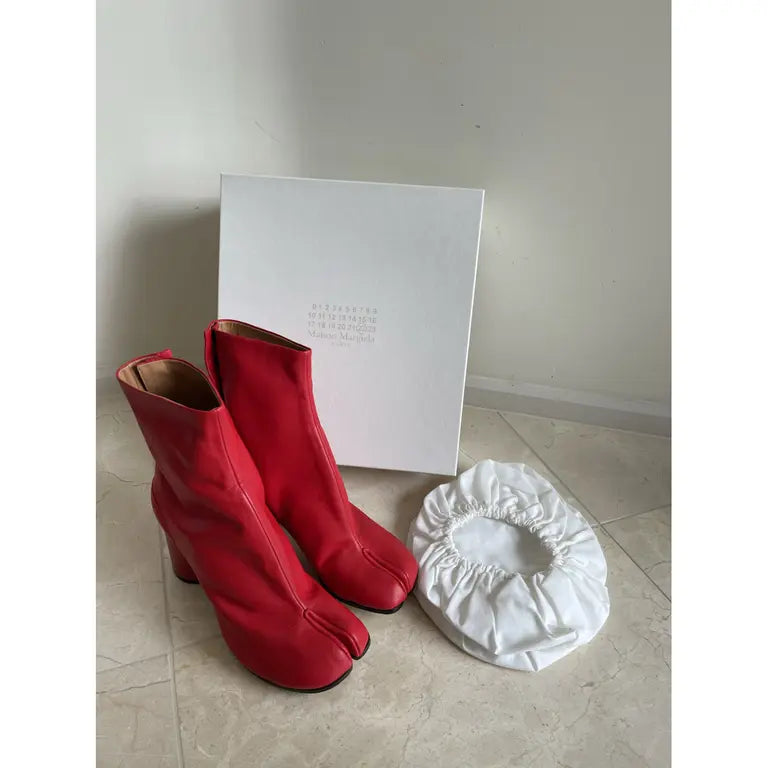 Red Leather Block Heel Tabi Boots