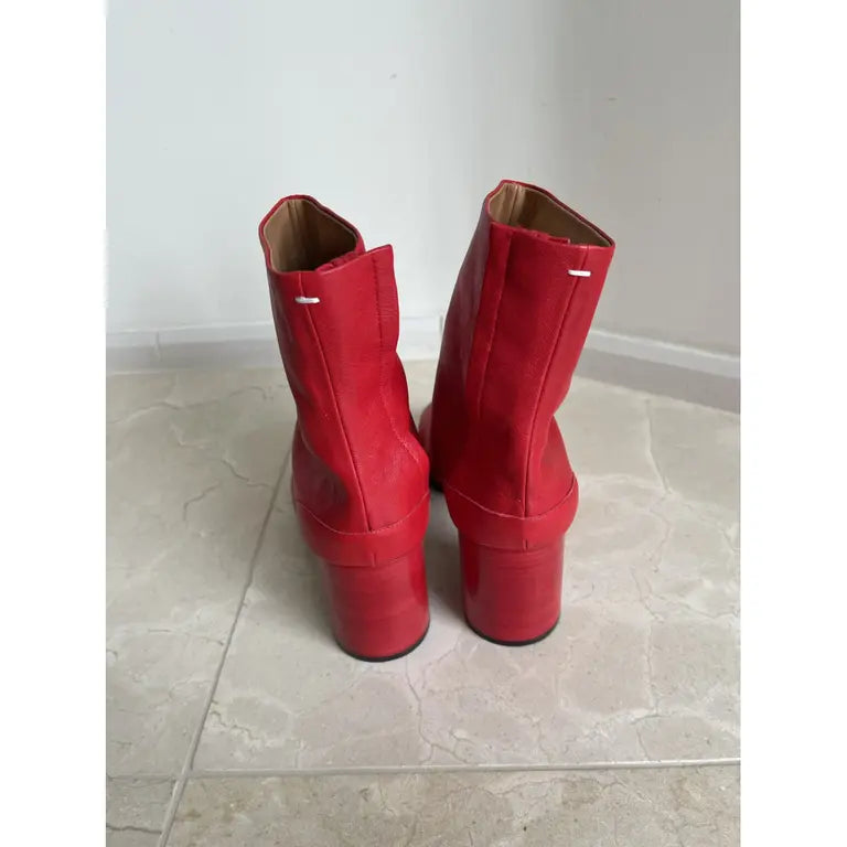 Red Leather Block Heel Tabi Boots
