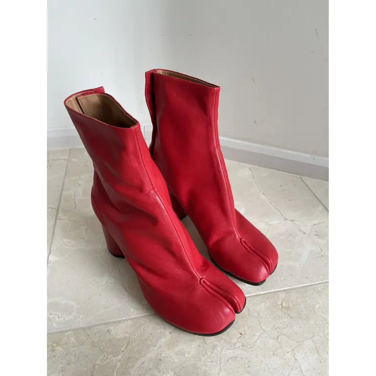 Red Leather Block Heel Tabi Boots