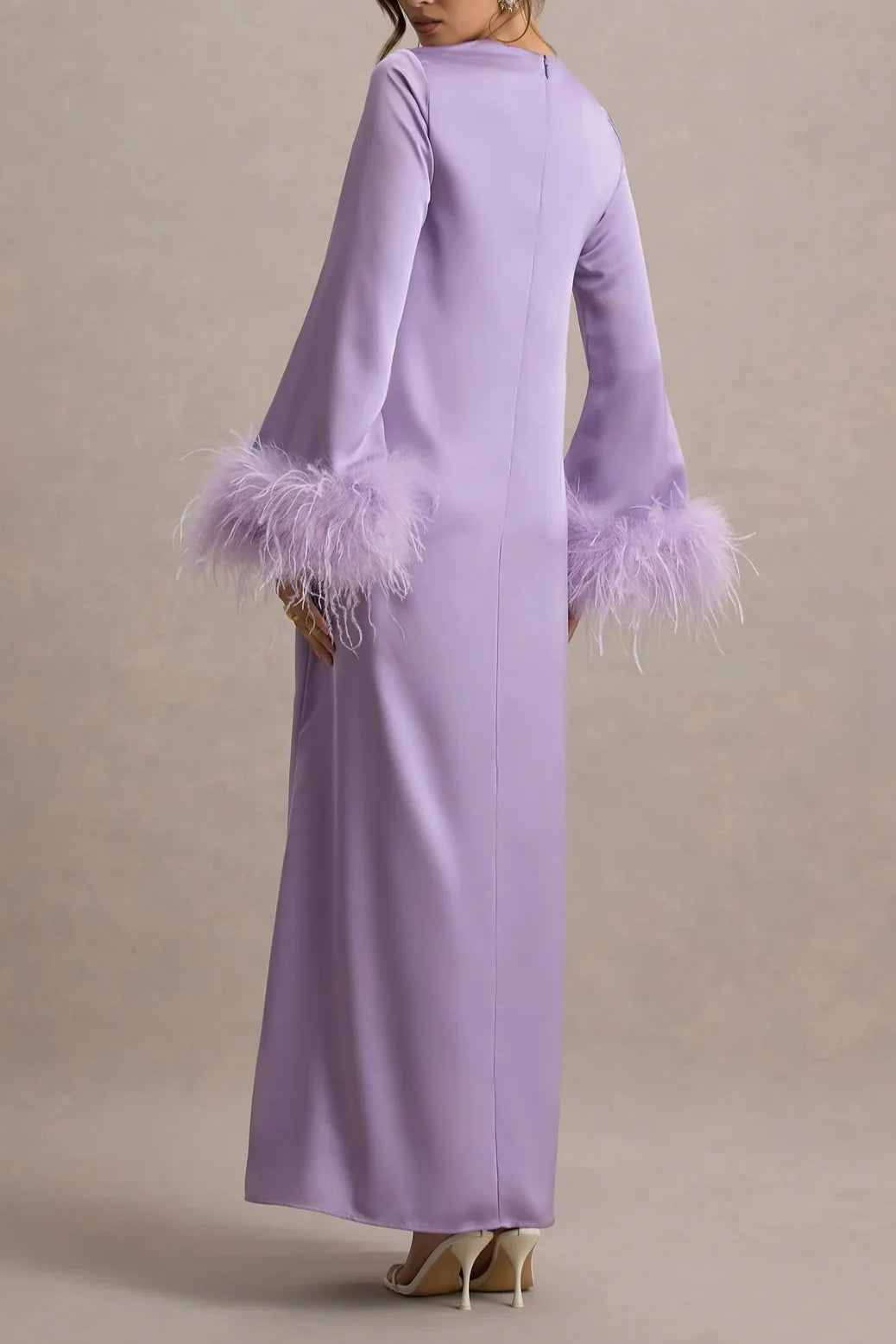 Lilac Satin Feather-Trim Maxi Dress