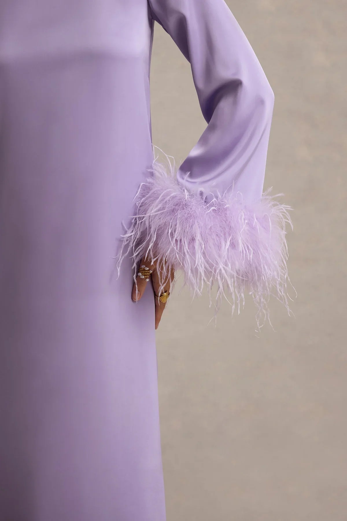 Lilac Satin Feather-Trim Maxi Dress