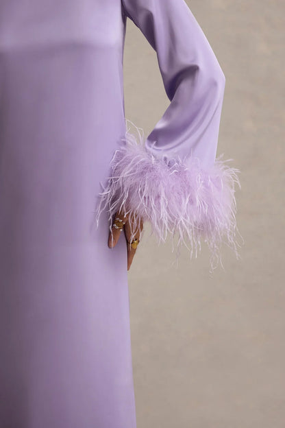 Lilac Satin Feather-Trim Maxi Dress