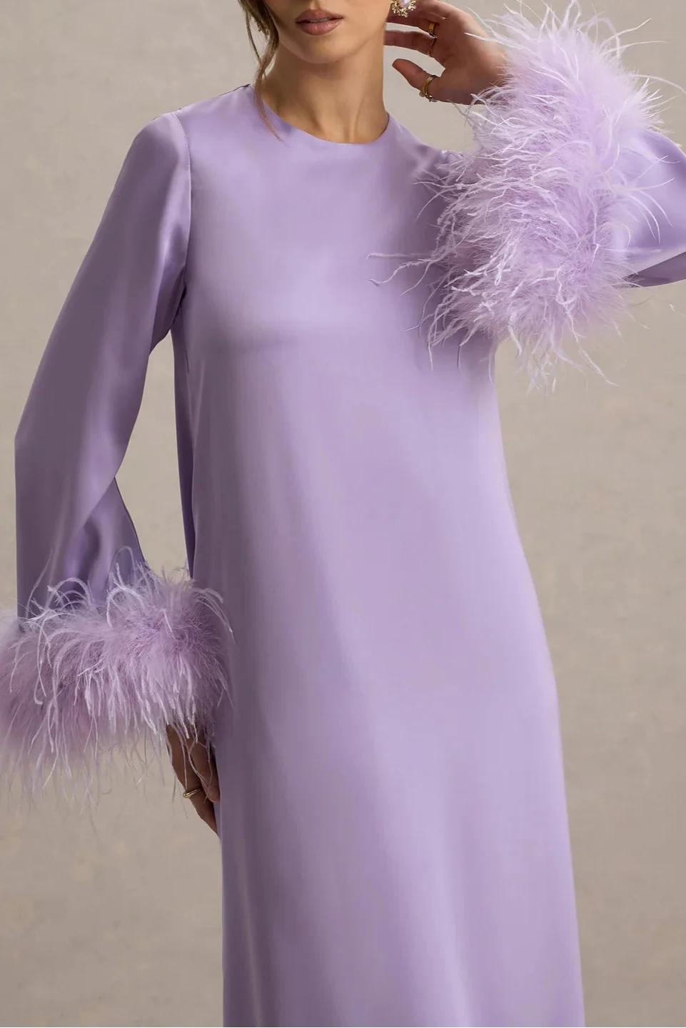 Lilac Satin Feather-Trim Maxi Dress