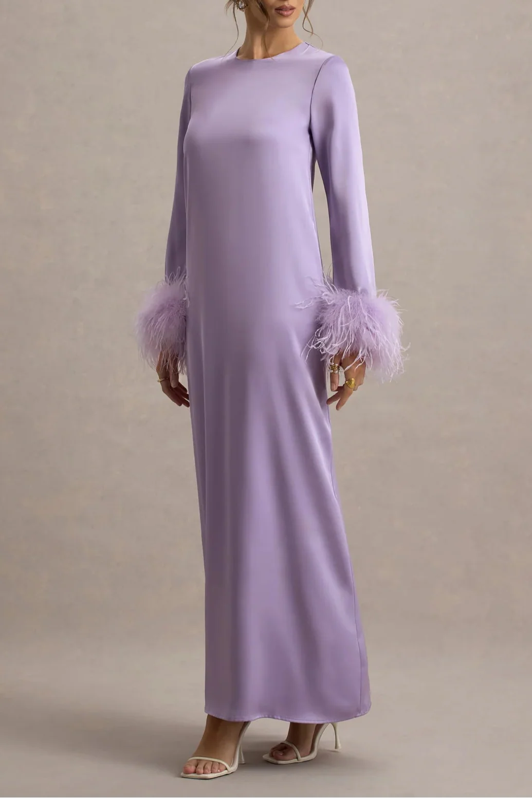 Lilac Satin Feather-Trim Maxi Dress