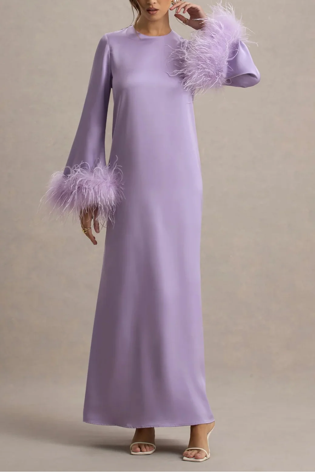 Lilac Satin Feather-Trim Maxi Dress